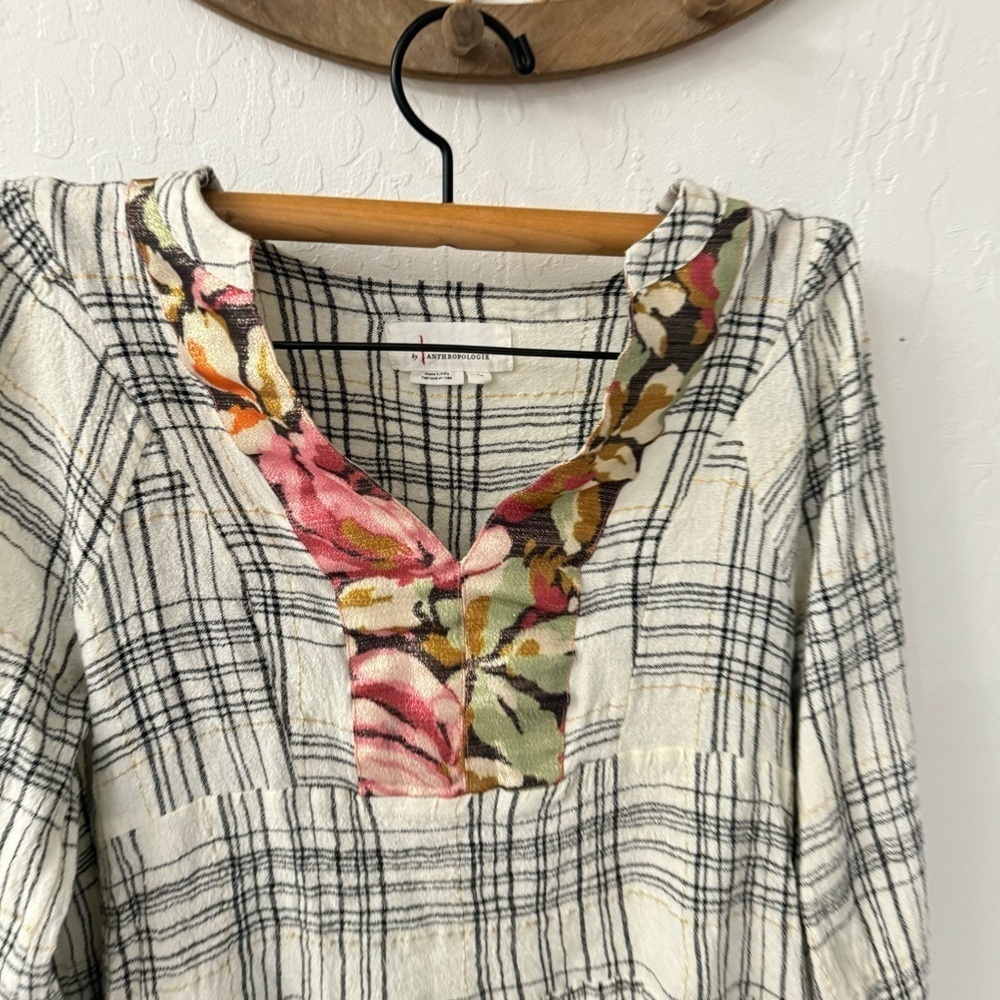 Anthropologie Darlene Plaid Peasant Blouse Top Tunic Metallic Thread Size XS - Picture 5 of 10